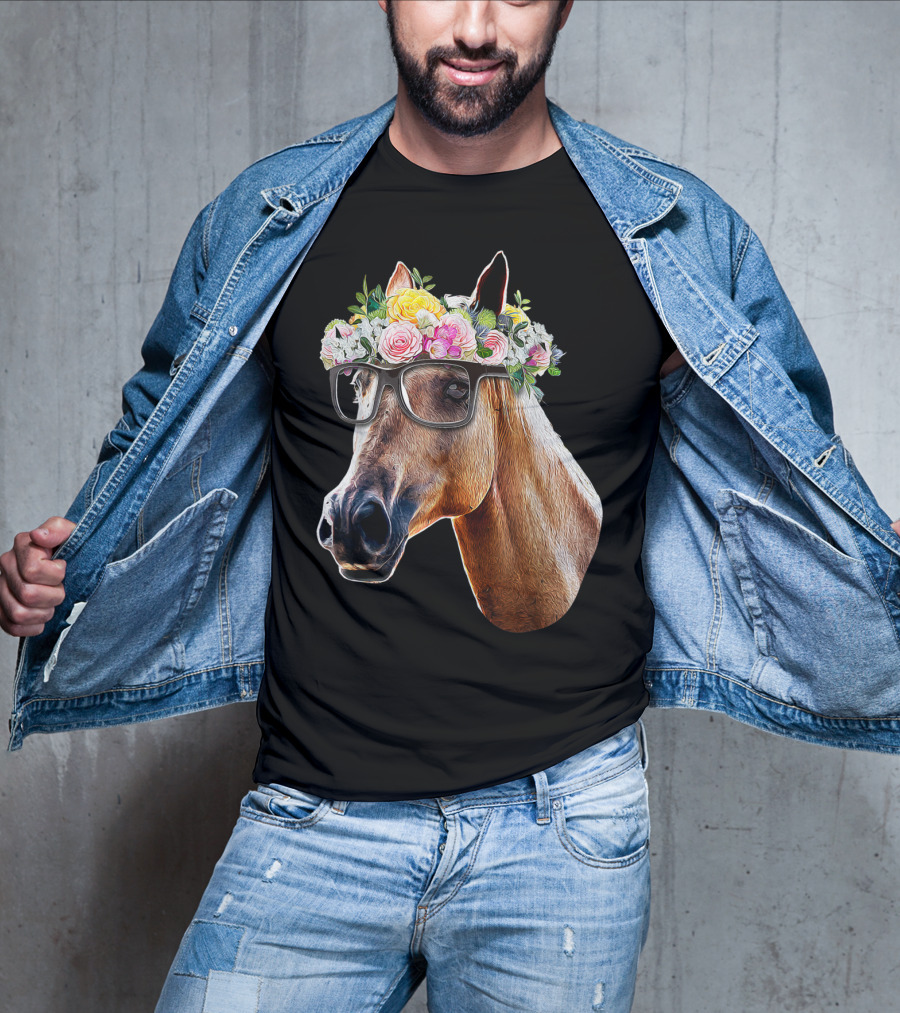Floral Horse With Glasses Equestrian Farm Riding T-Shirt