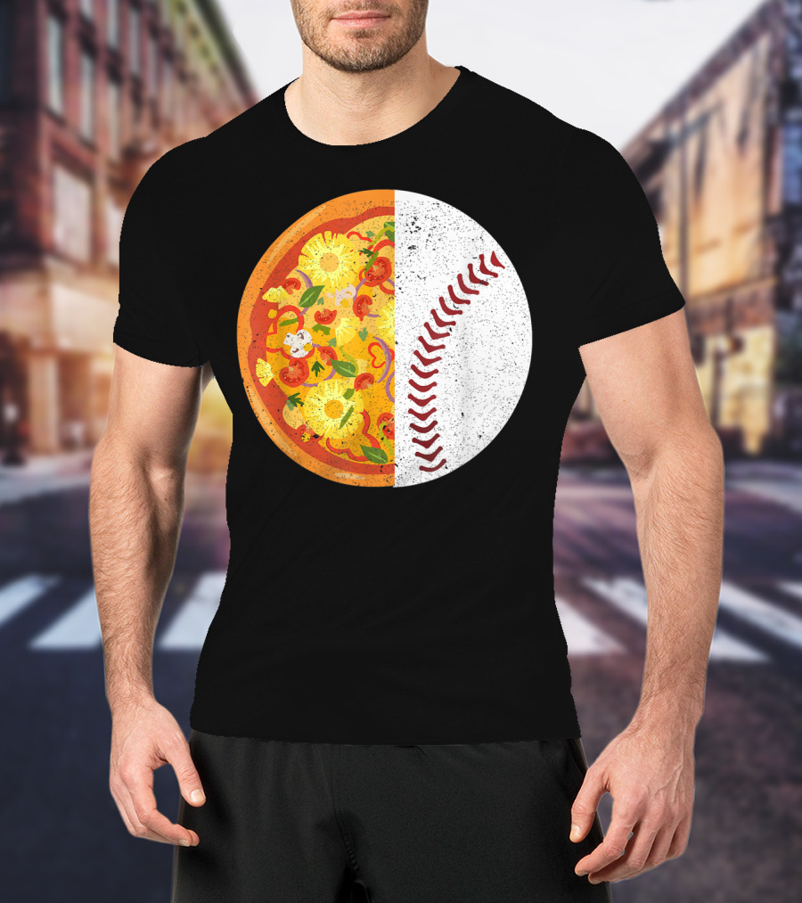 Funny Baseball Lover Eat Pizza Half Sport Pizza Baseball T-Shirt