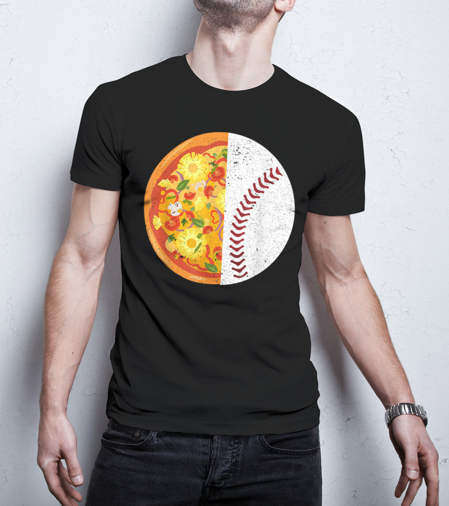 Funny Baseball Lover Eat Pizza Half Sport Pizza Baseball T-Shirt