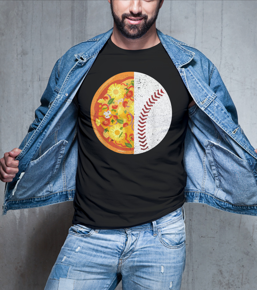 Funny Baseball Lover Eat Pizza Half Sport Pizza Baseball T-Shirt