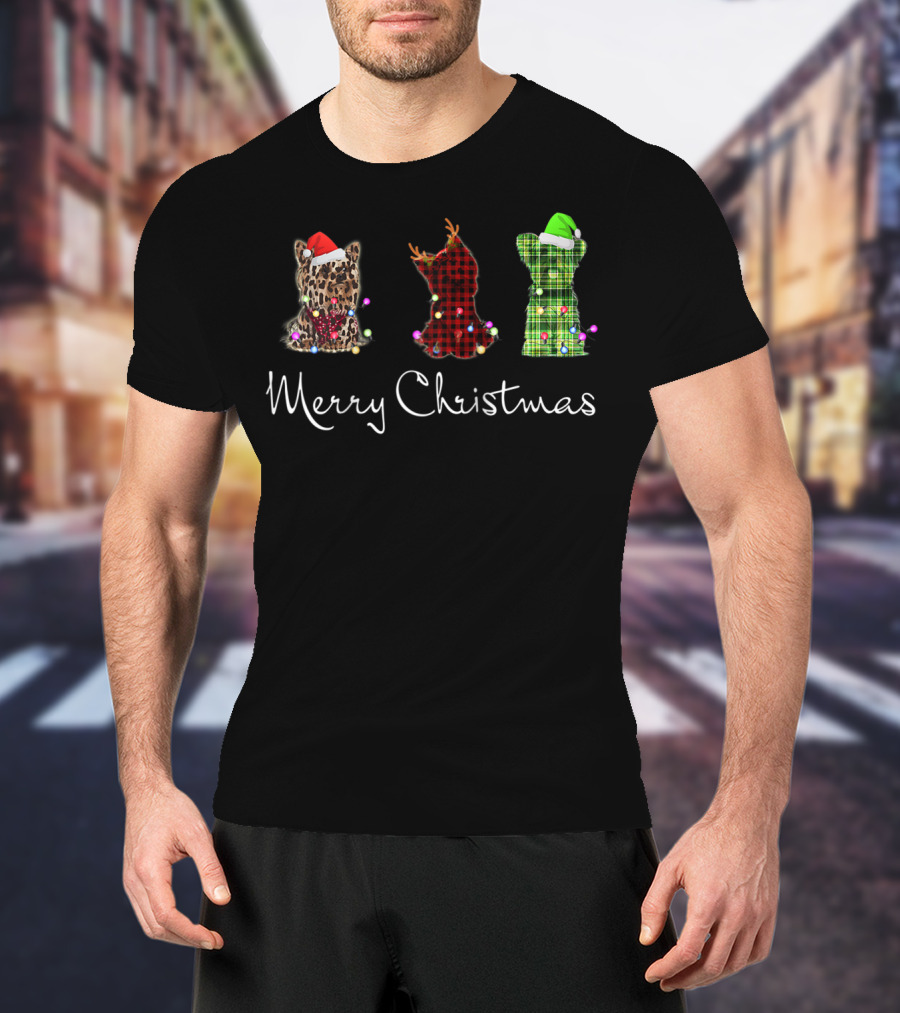 Merry Christmas Three Yorkshire Terriers Leopard Red Green Checkered T-Shirt