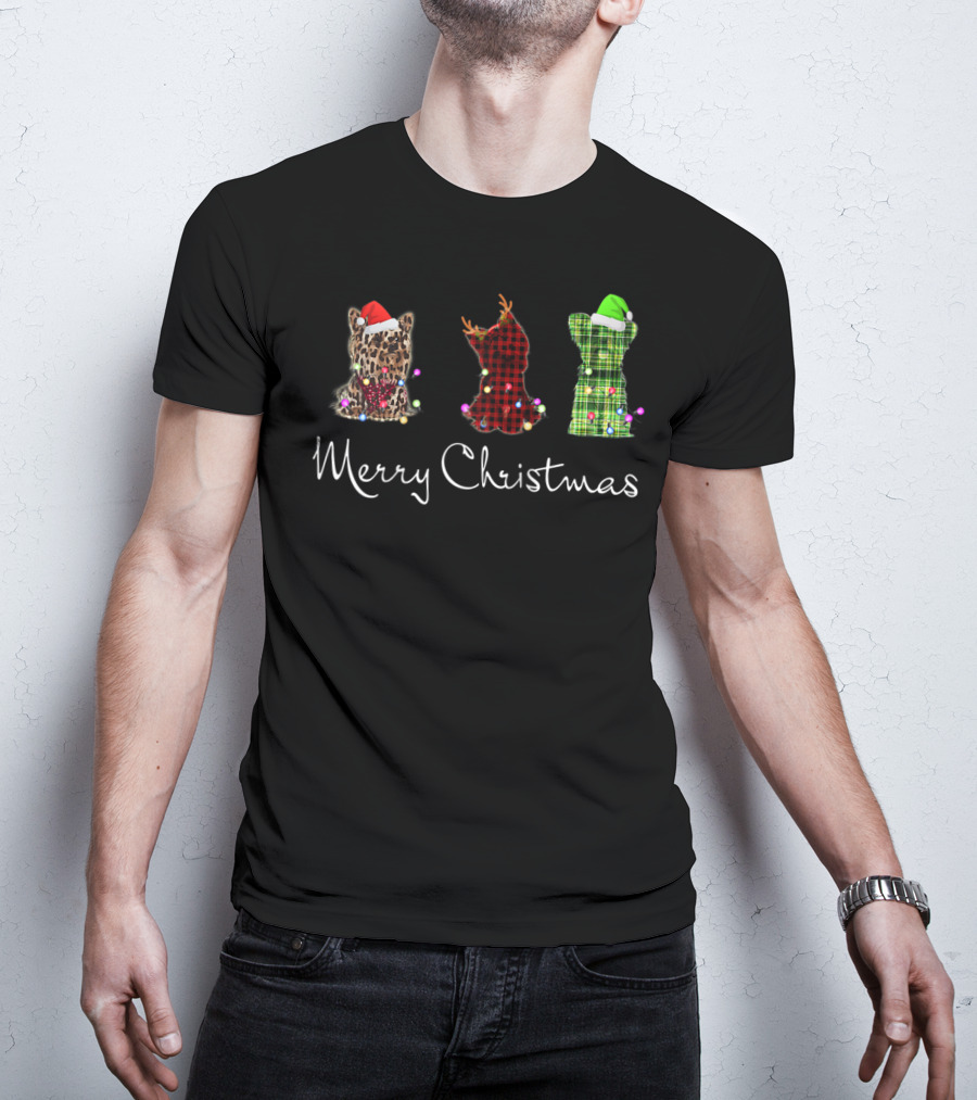 Merry Christmas Three Yorkshire Terriers Leopard Red Green Checkered T-Shirt