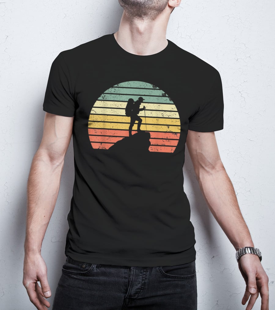 Retro Hiking Hiker Silhouette On Mountain Rock And Sunset Stripes T-Shirt