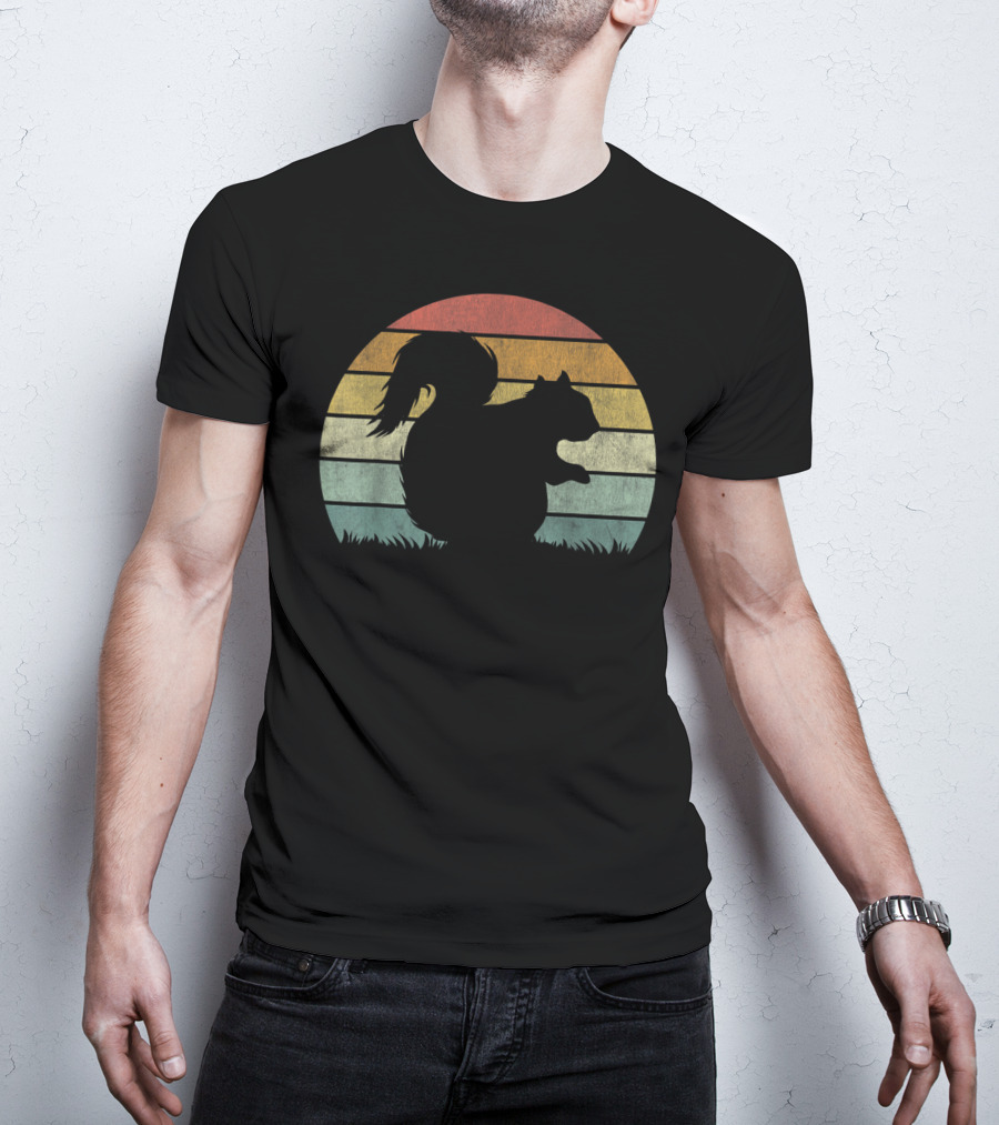 Vintage Sunset Squirrel Silhouette Stripes Retro Chestnut T-Shirt