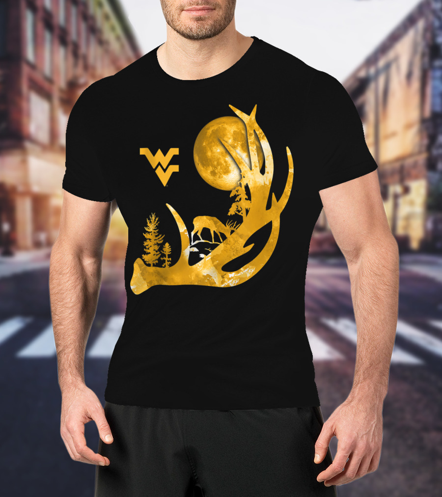 West Virginia Mountaineers Antler Moon Deer Silhouette Fan T-Shirt