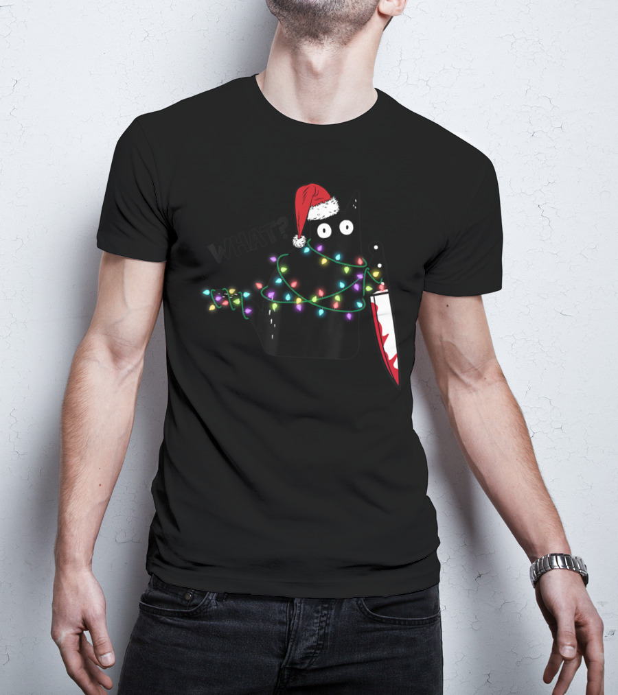 What Cat Wrapped In Xmas Lights Holding Knife Wearing Santa Hat T-Shirt
