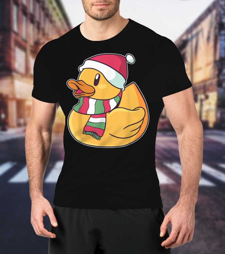 Xmas Rubber Ducky Duckie Duck With Santa Hat And Scarf T-Shirt
