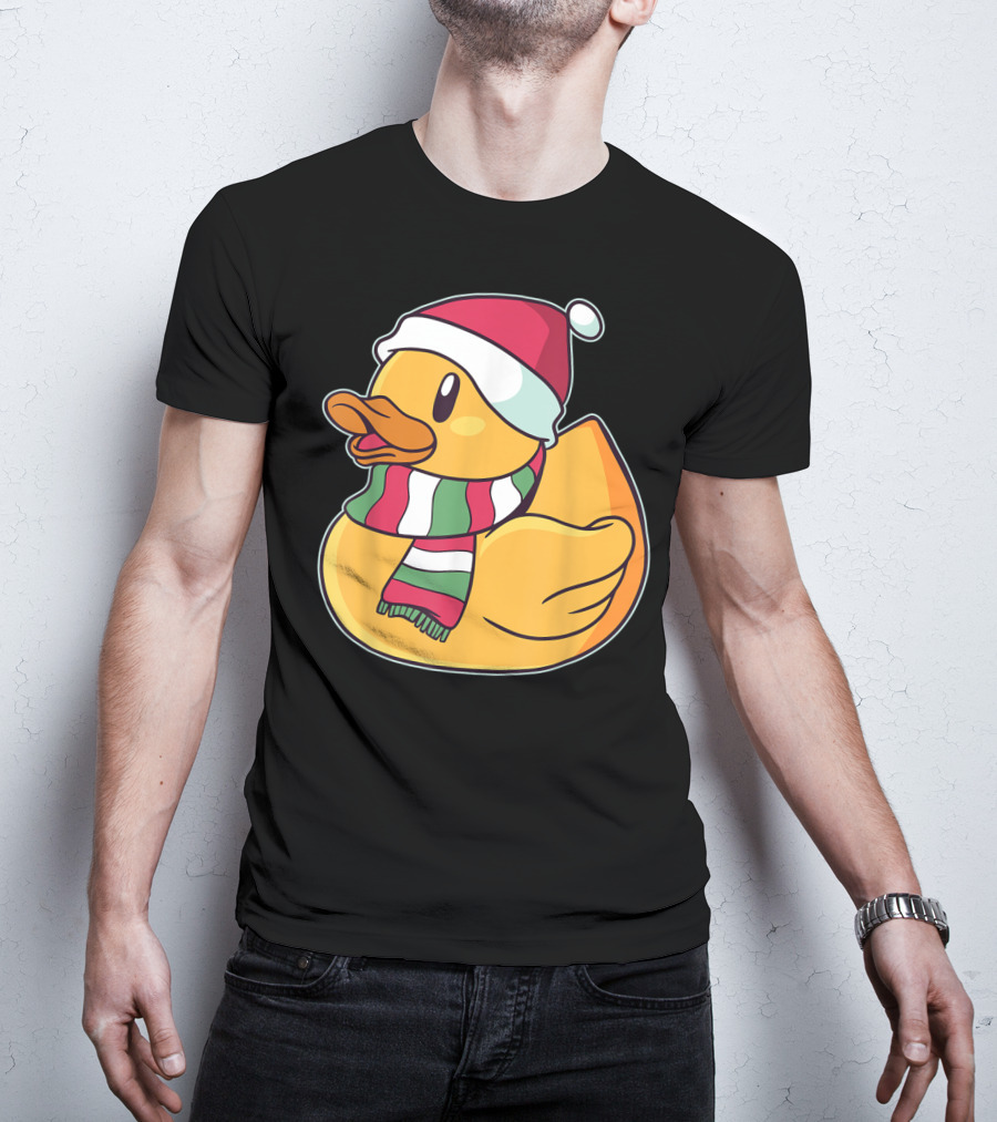 Xmas Rubber Ducky Duckie Duck With Santa Hat And Scarf T-Shirt