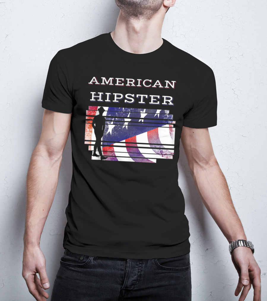American Hipster Silhouette With Distressed US Flag Background T-Shirt