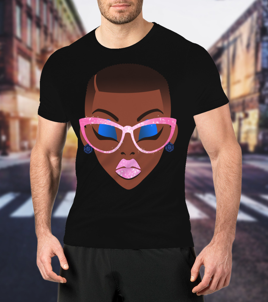 Beautiful Afro Black Girl With Natural Hair Pink Sparkle Glasses T-Shirt