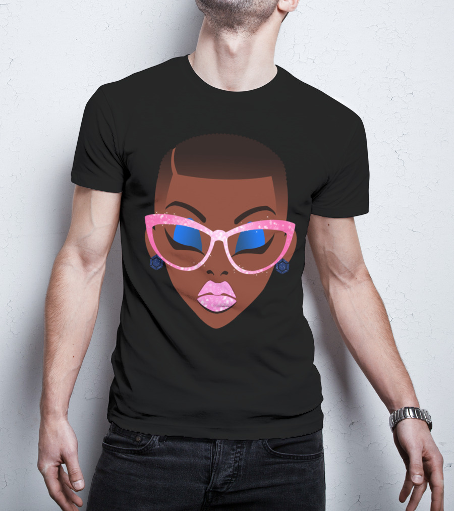 Beautiful Afro Black Girl With Natural Hair Pink Sparkle Glasses T-Shirt