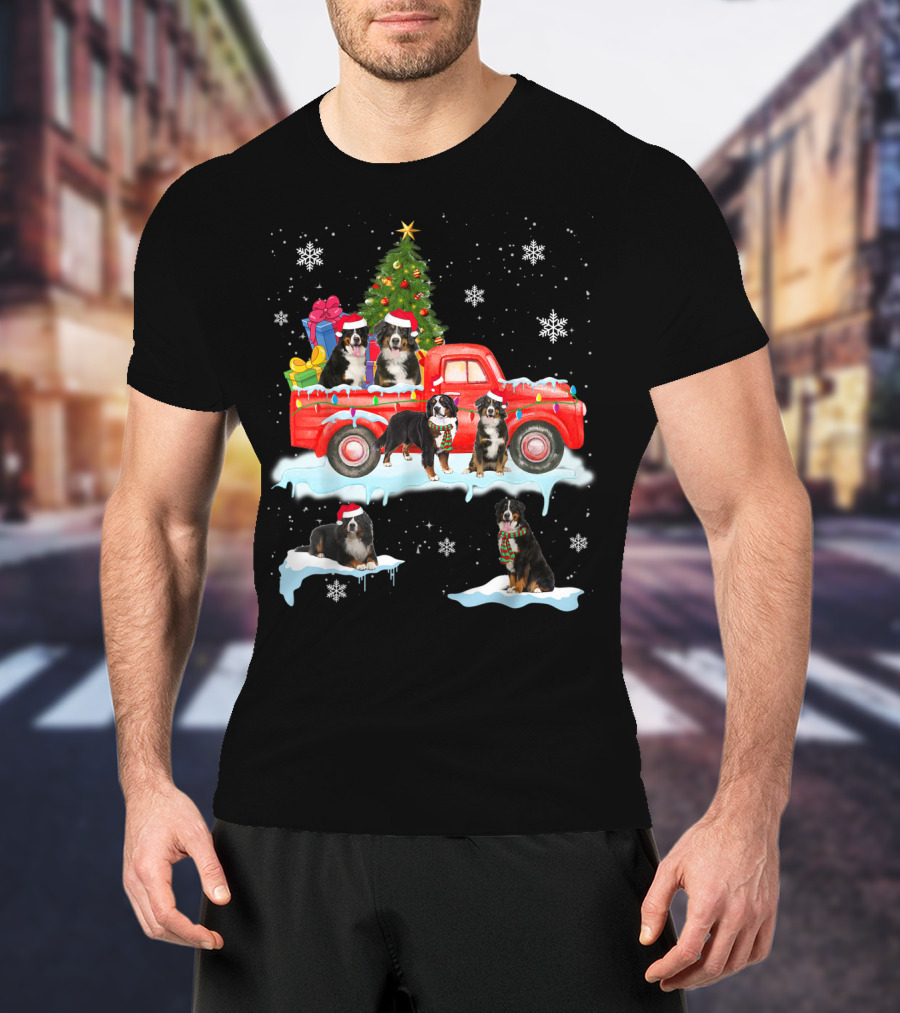 Bernese Mountain Dogs Christmas Red Truck Snowflakes T-Shirt