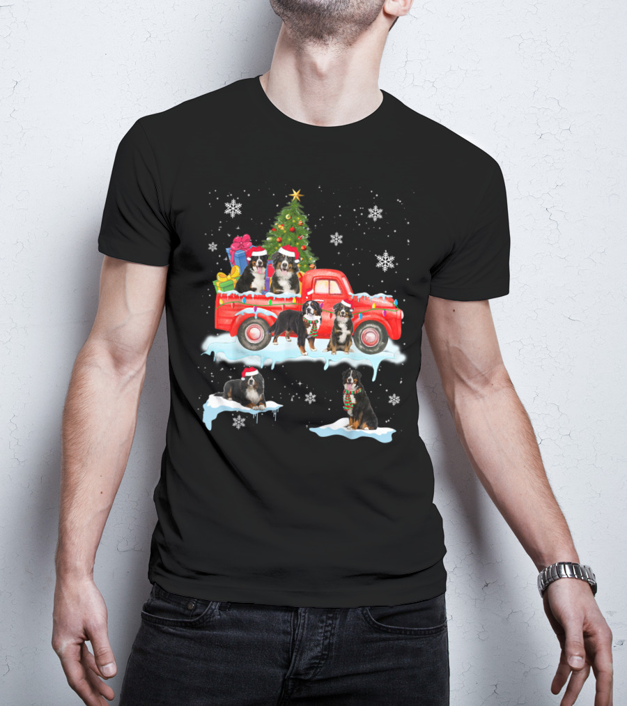 Bernese Mountain Dogs Christmas Red Truck Snowflakes T-Shirt