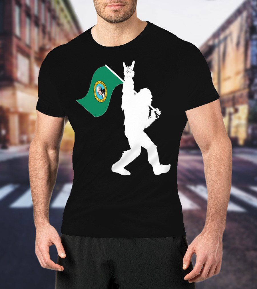 Bigfoot Holding Washington State Flag Rock And Roll Gesture T-Shirt
