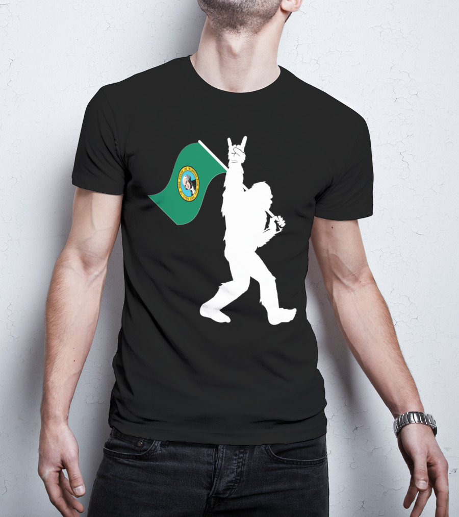 Bigfoot Holding Washington State Flag Rock And Roll Gesture T-Shirt