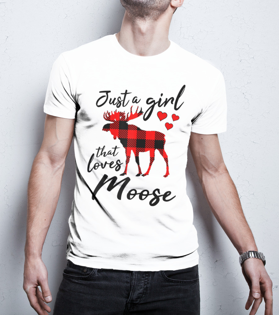 Just A Girl That Loves Moose Buffalo Plaid Hearts T-Shirt