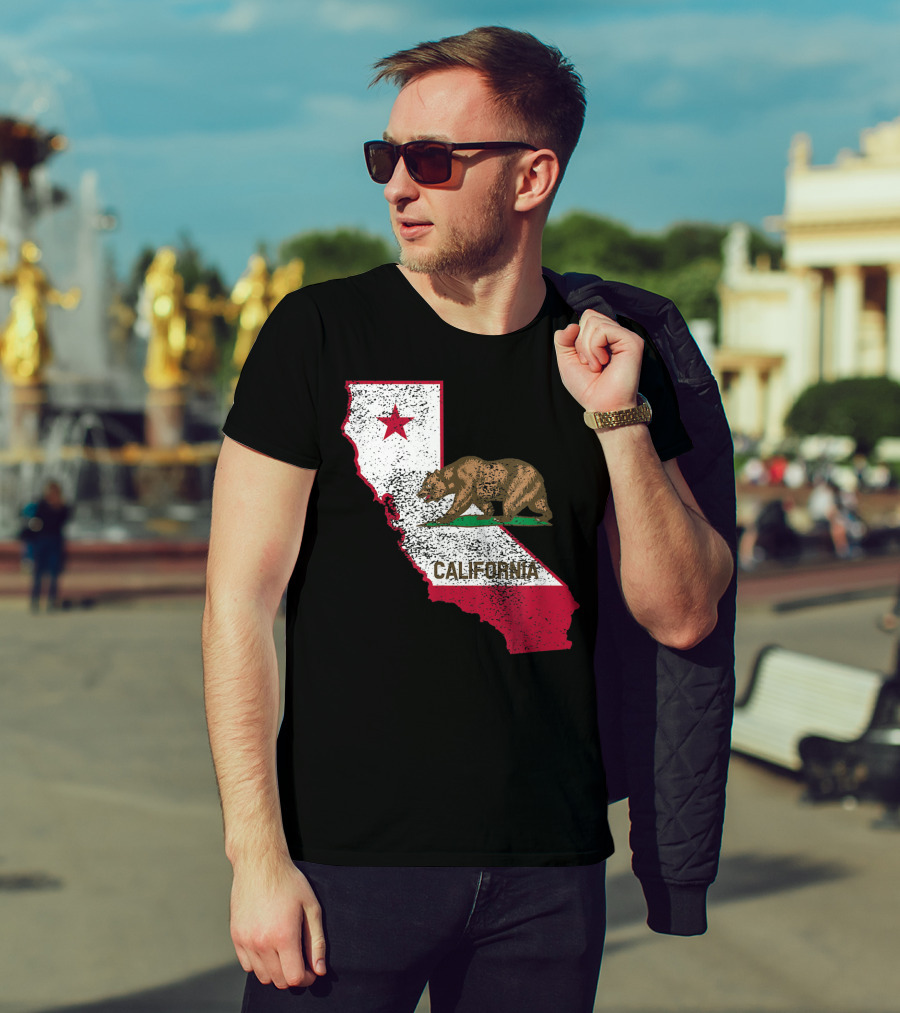 California Flag Bear And Star On State Outline T-Shirt