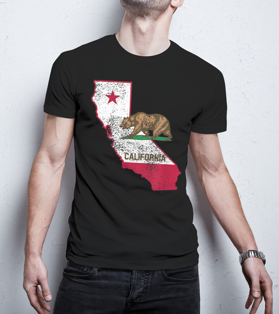 California Flag Bear And Star On State Outline T-Shirt