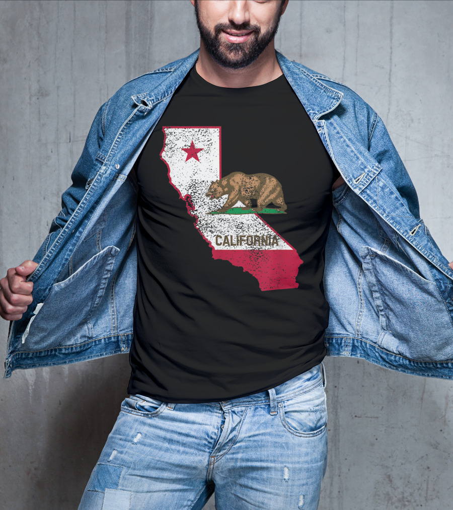 California Flag Bear And Star On State Outline T-Shirt