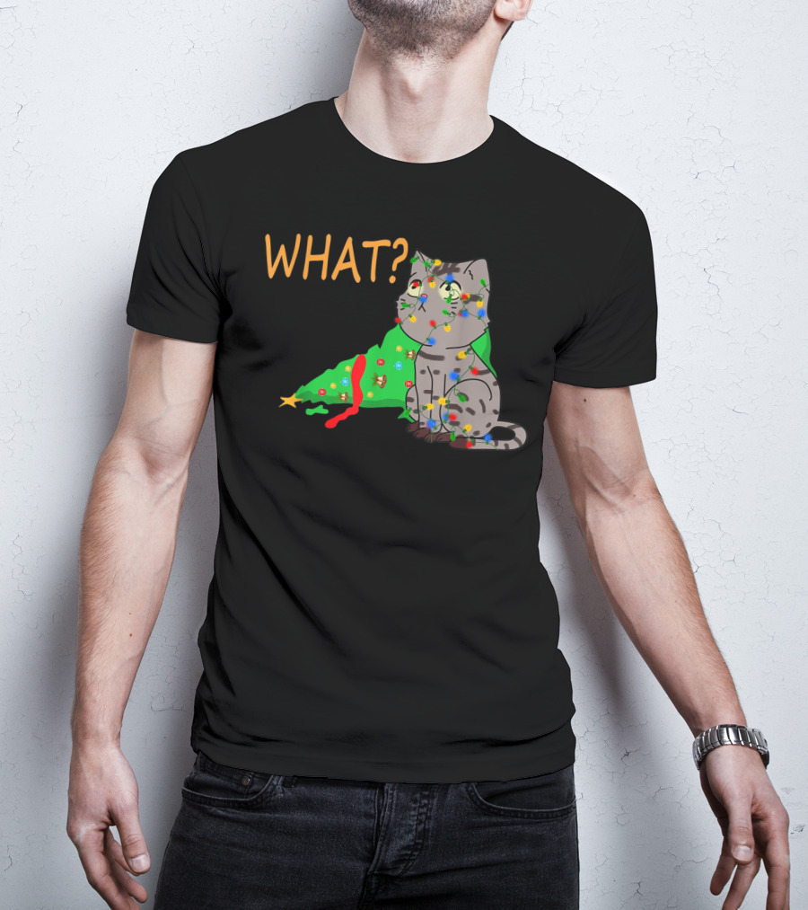 WHAT Funny Black Cat Christmas Tree T-Shirt