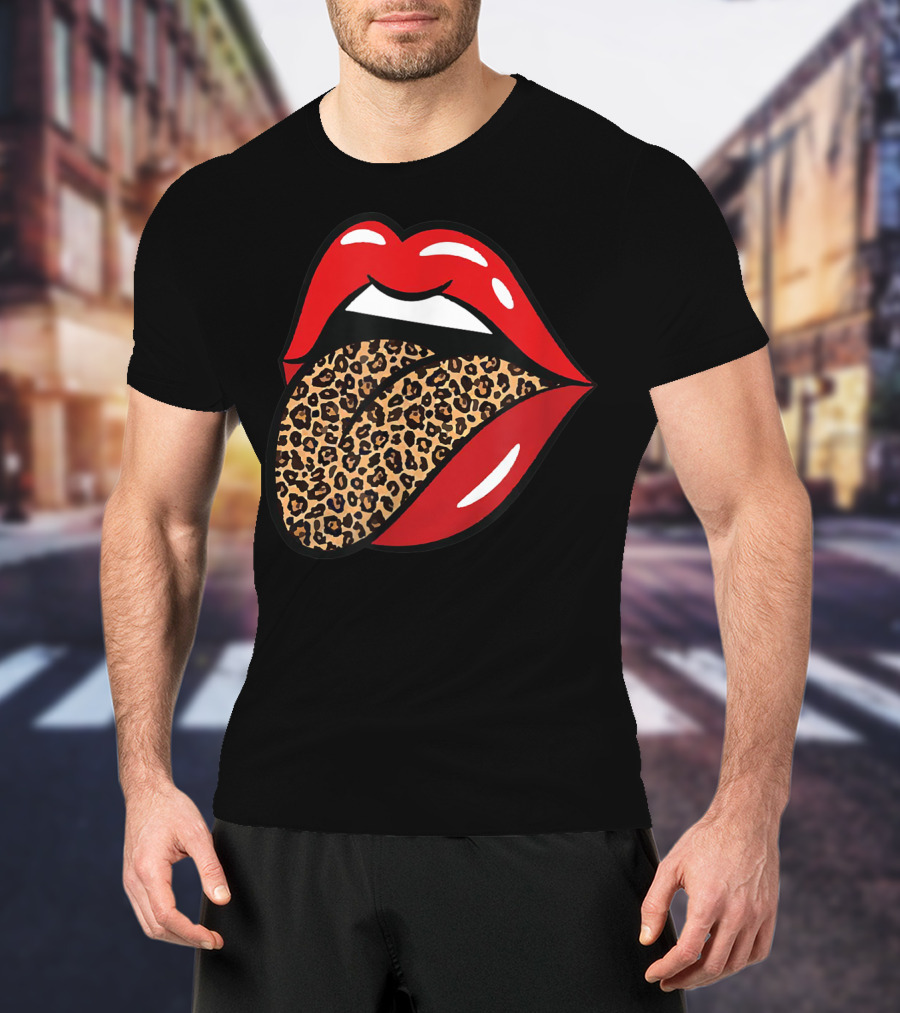 Chic Red Lips Leopard Print Tongue Rock Roll T-Shirt