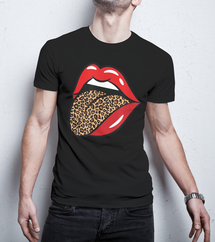 Chic Red Lips Leopard Print Tongue Rock Roll T-Shirt