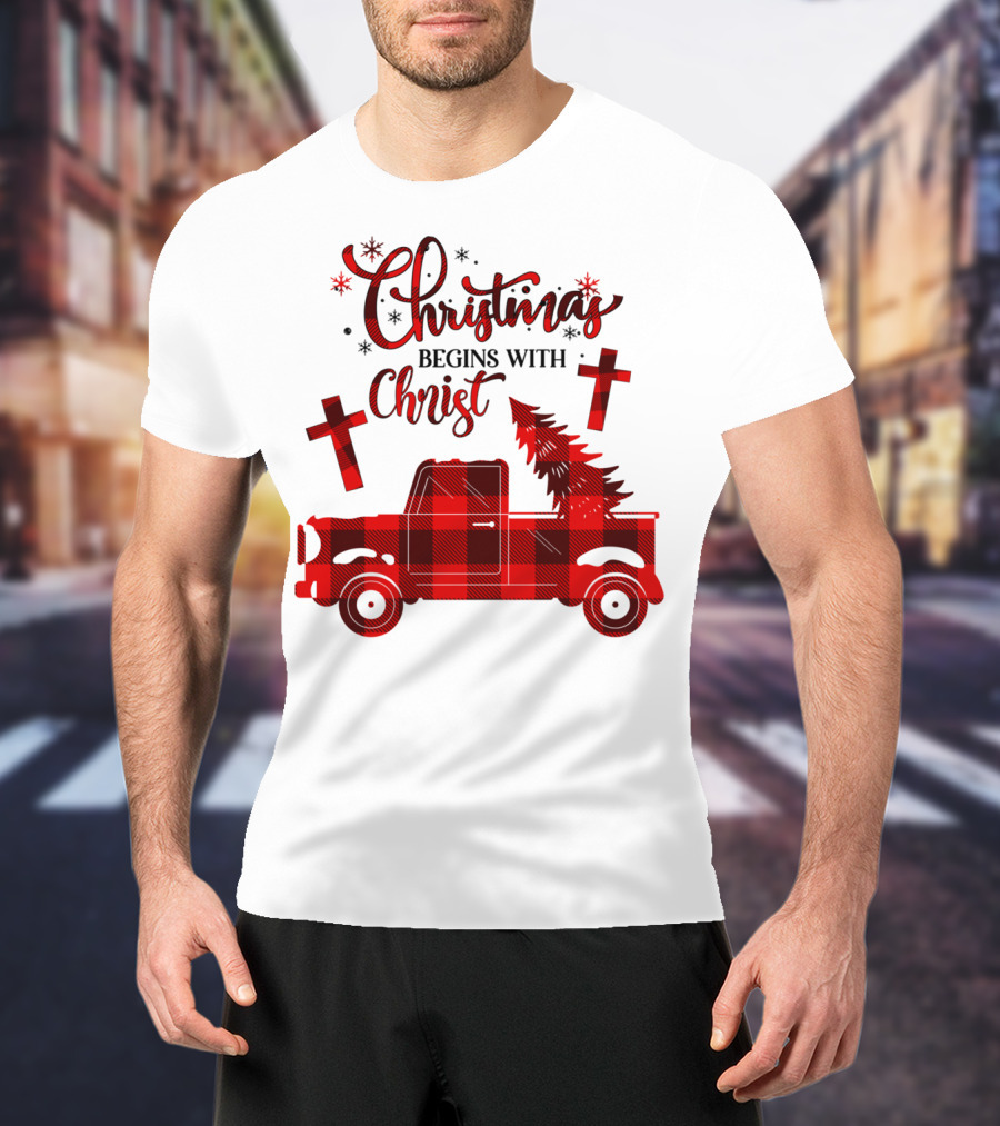 Christmas Begins With Christ Buffalo Plaid Red Truck With Tree And Crosses T-Shirt