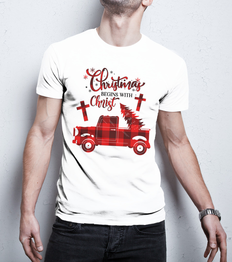 Christmas Begins With Christ Buffalo Plaid Red Truck With Tree And Crosses T-Shirt