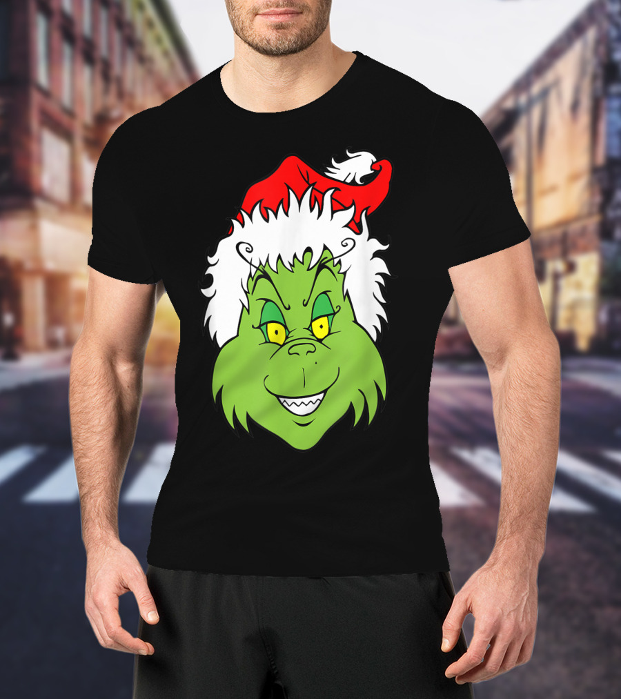 Grinch Christmas Face Santa Hat Smile T-Shirt