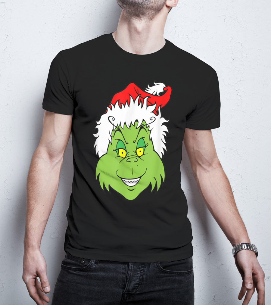 Grinch Christmas Face Santa Hat Smile T-Shirt