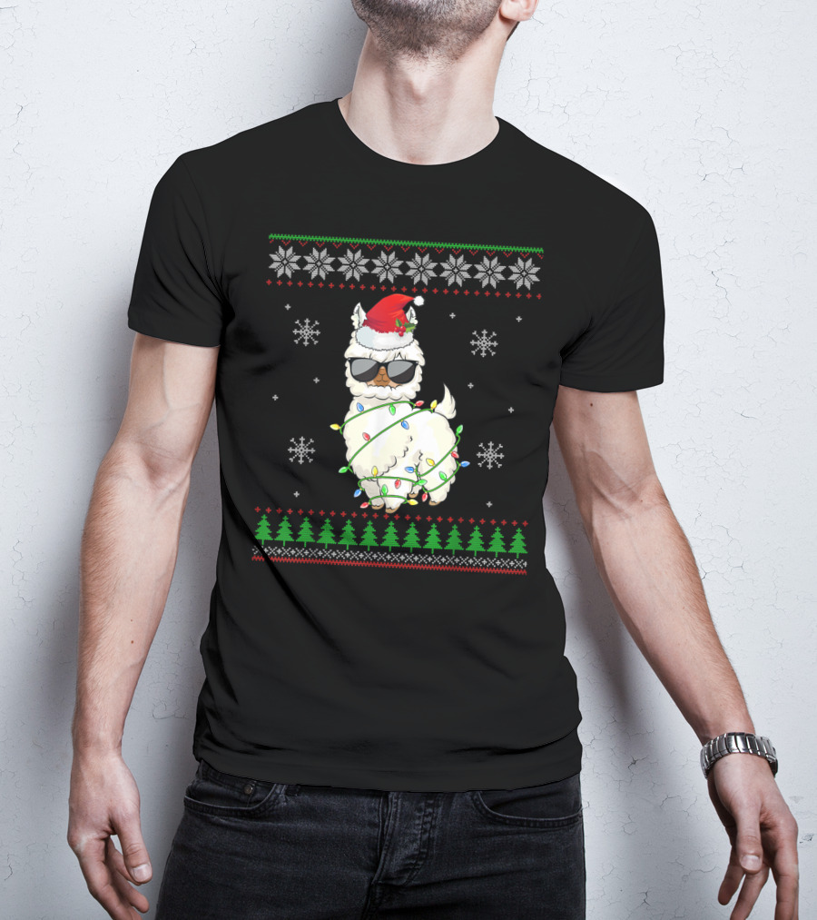 Santa Hat Sunglasses Llama Wrapped In Christmas Lights With Snowflakes And Trees T-Shirt