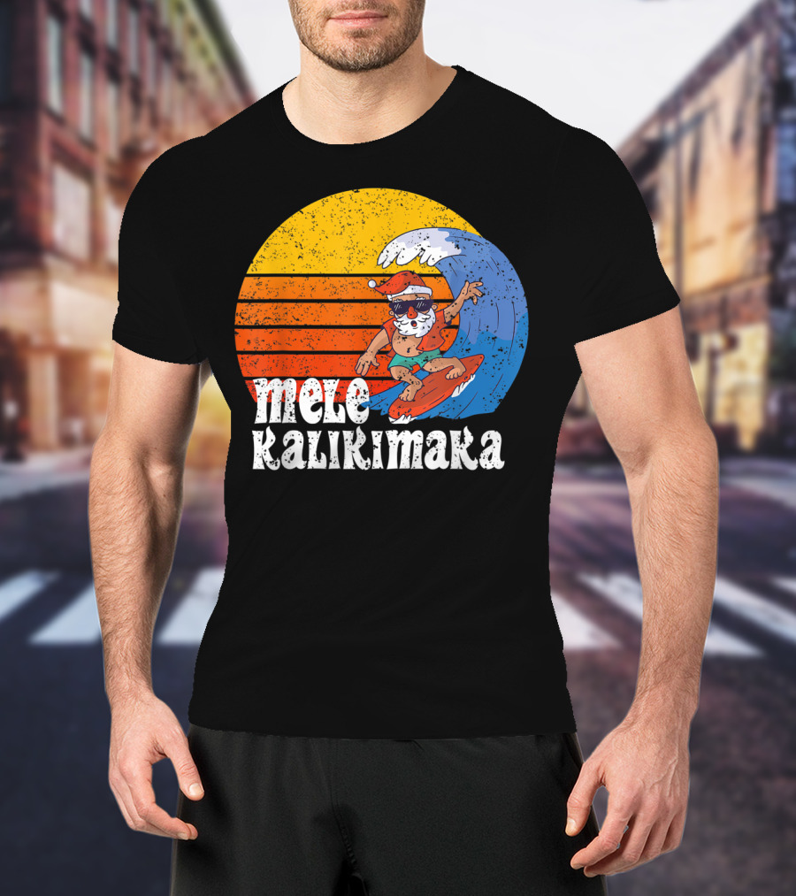 Mele Kalikimaka Surfing Santa Sunset Wave T-Shirt