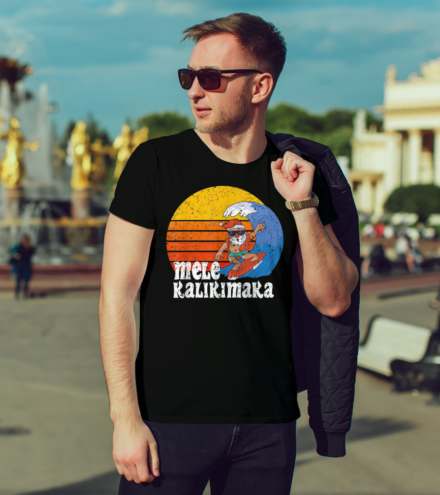 Mele Kalikimaka Surfing Santa Sunset Wave T-Shirt