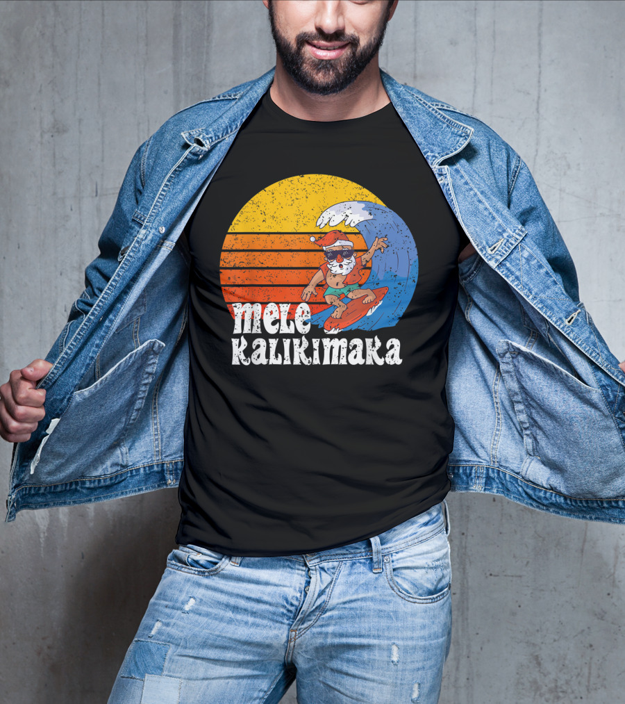 Mele Kalikimaka Surfing Santa Sunset Wave T-Shirt