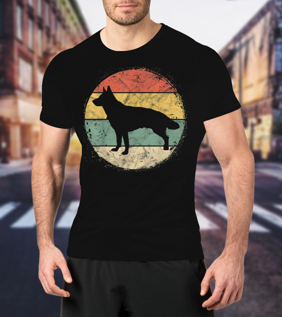 Vintage Circular German Shepherd Silhouette Retro Stripes T-Shirt