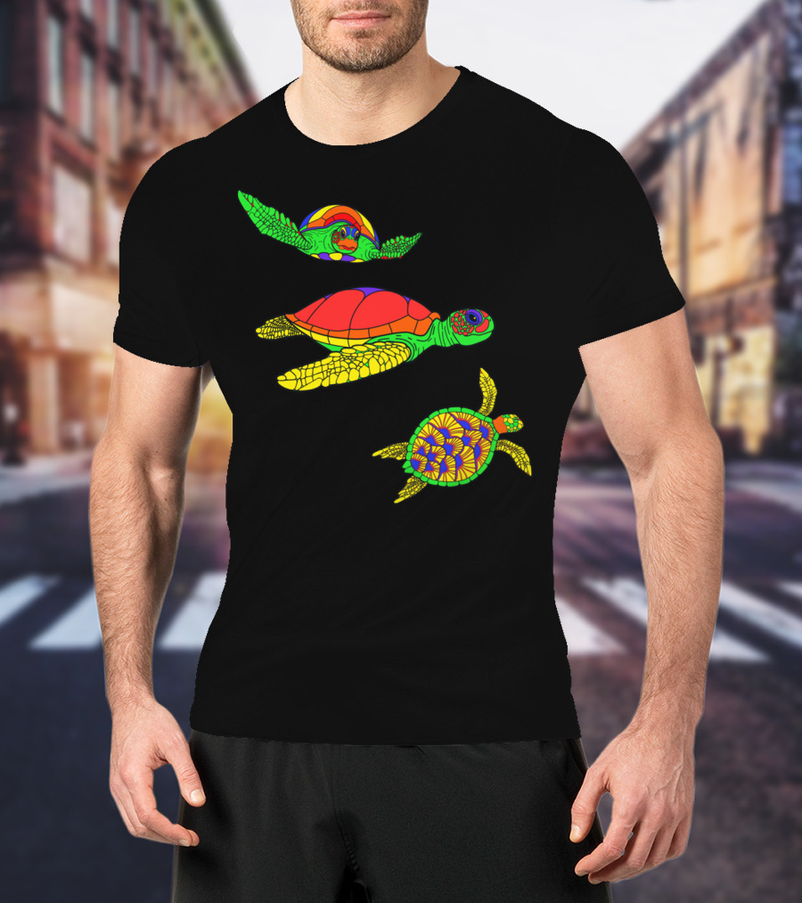 Colorful Swimming Sea Turtle Shell Artful Display T-Shirt