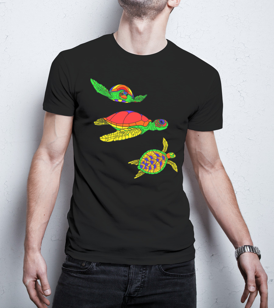 Colorful Swimming Sea Turtle Shell Artful Display T-Shirt
