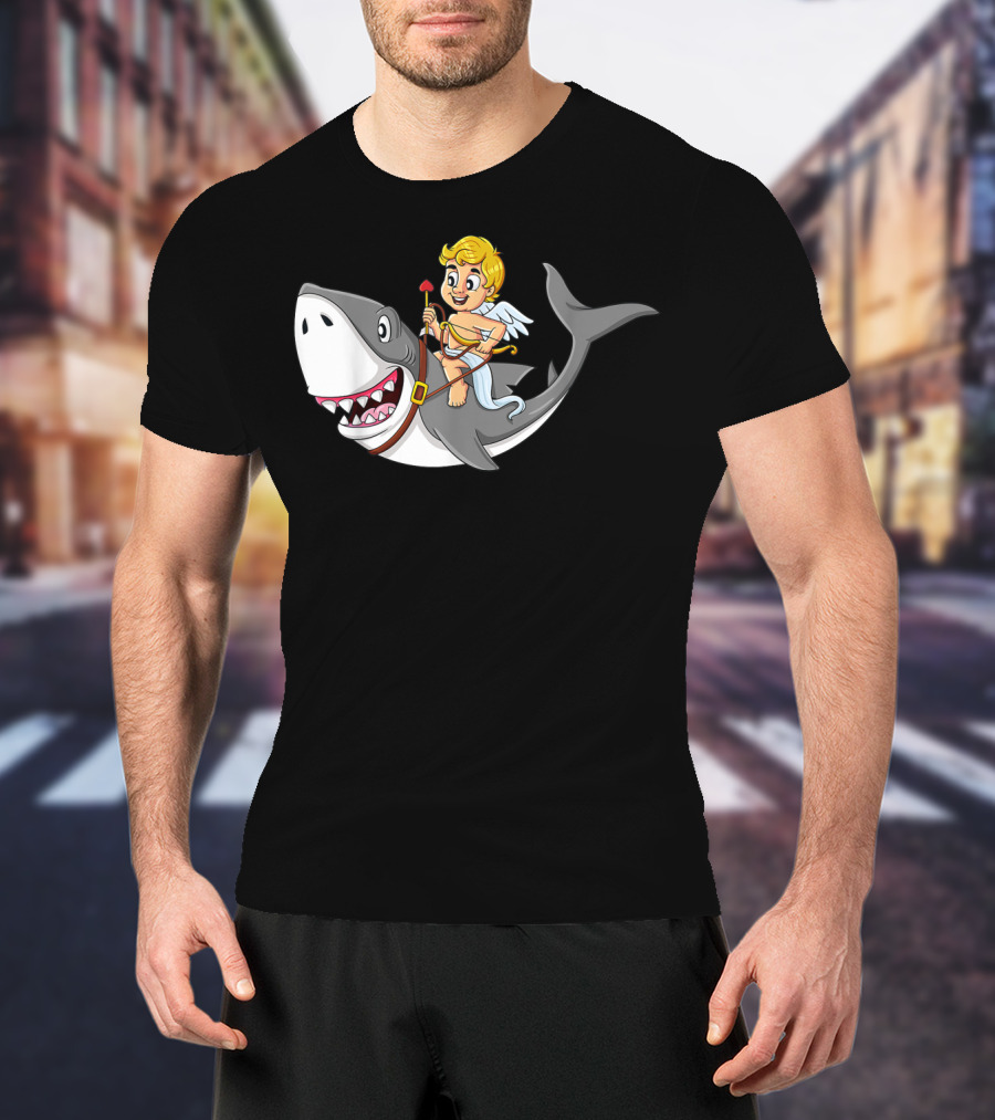 Cupid Riding Shark Valentines Day Iconic Funny Cartoon T-Shirt