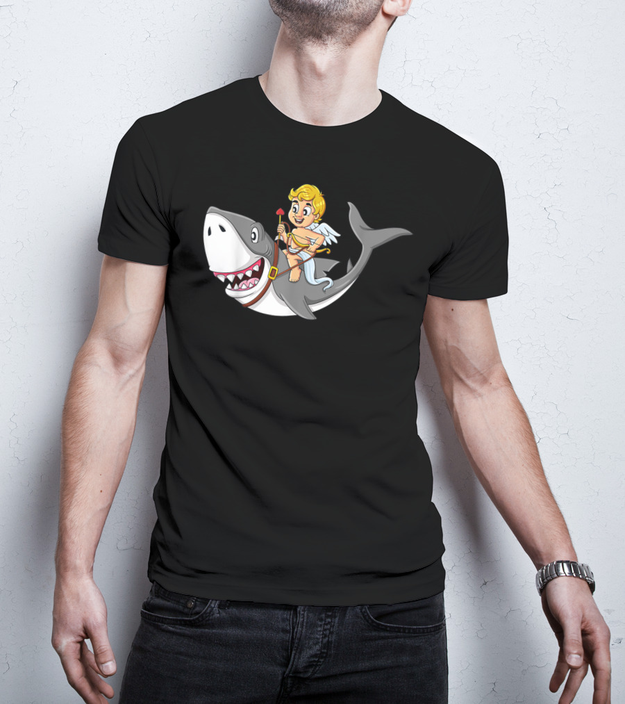 Cupid Riding Shark Valentines Day Iconic Funny Cartoon T-Shirt