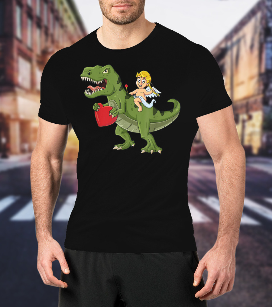 Valentine Cupid On Dinosaur With Heart And Arrow T-Shirt