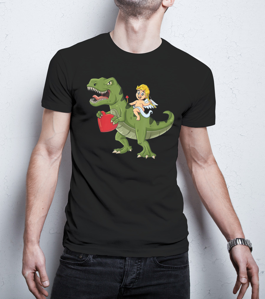 Valentine Cupid On Dinosaur With Heart And Arrow T-Shirt