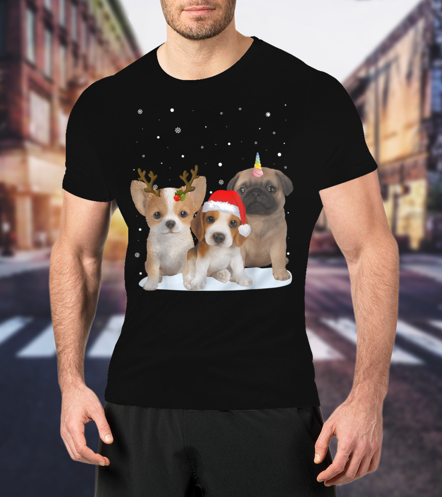 Cute Dogs Reindeer Horns Santa Hat Unicorn Snowflakes T-Shirt