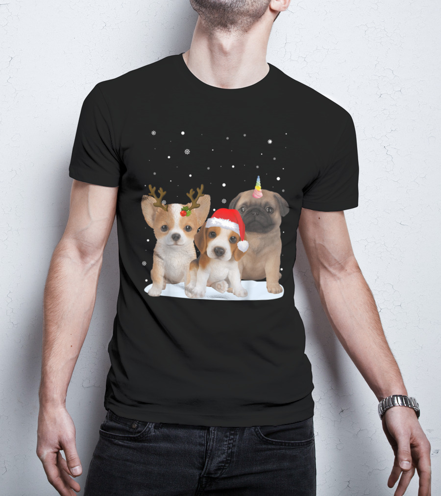 Cute Dogs Reindeer Horns Santa Hat Unicorn Snowflakes T-Shirt