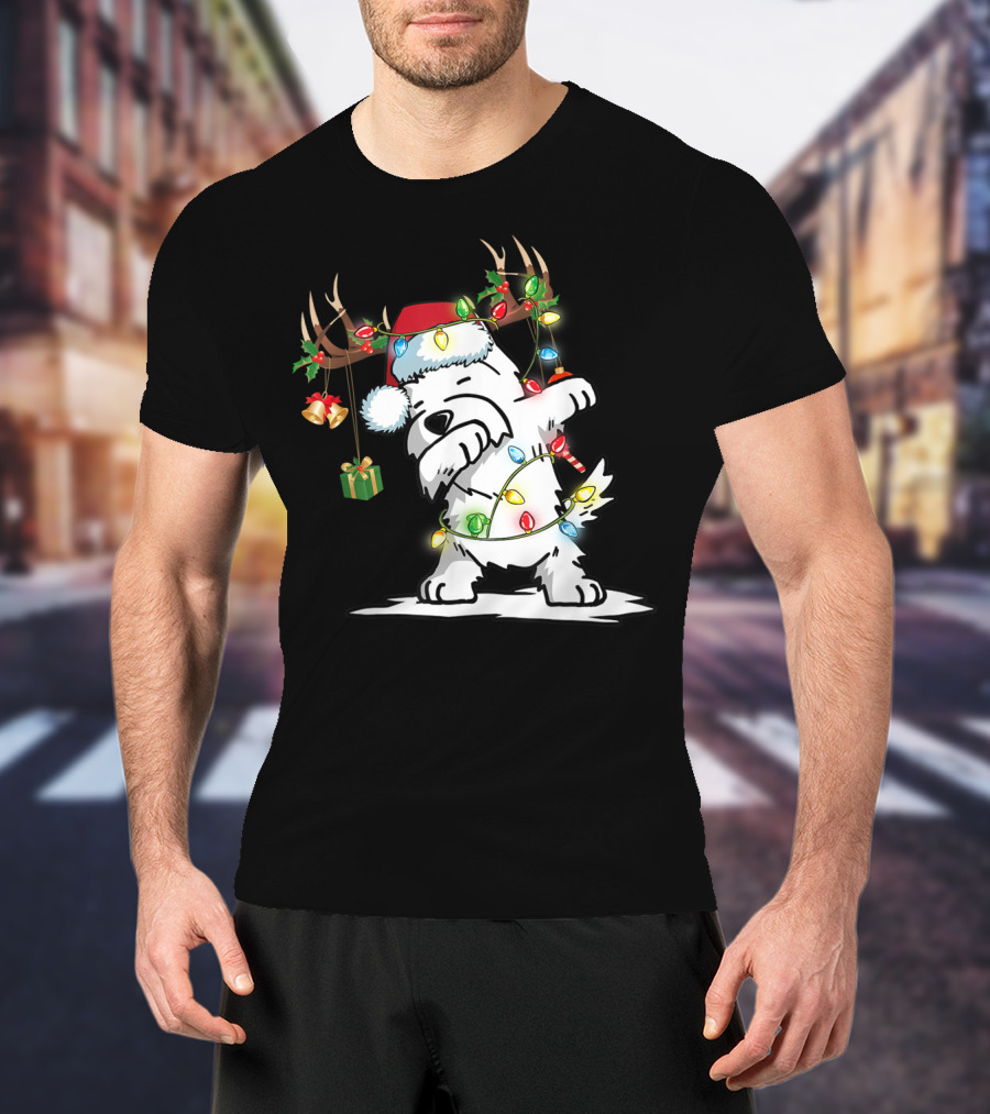 Dabbing Westie Dog Reindeer Lights Santa Hat Christmas Gifts T-Shirt
