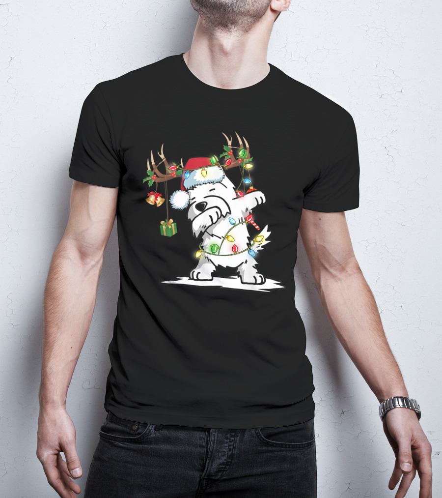 Dabbing Westie Dog Reindeer Lights Santa Hat Christmas Gifts T-Shirt
