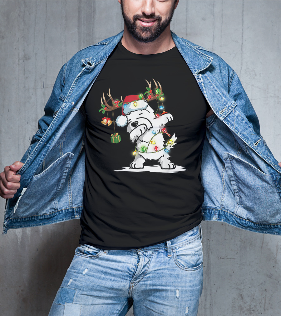 Dabbing Westie Dog Reindeer Lights Santa Hat Christmas Gifts T-Shirt
