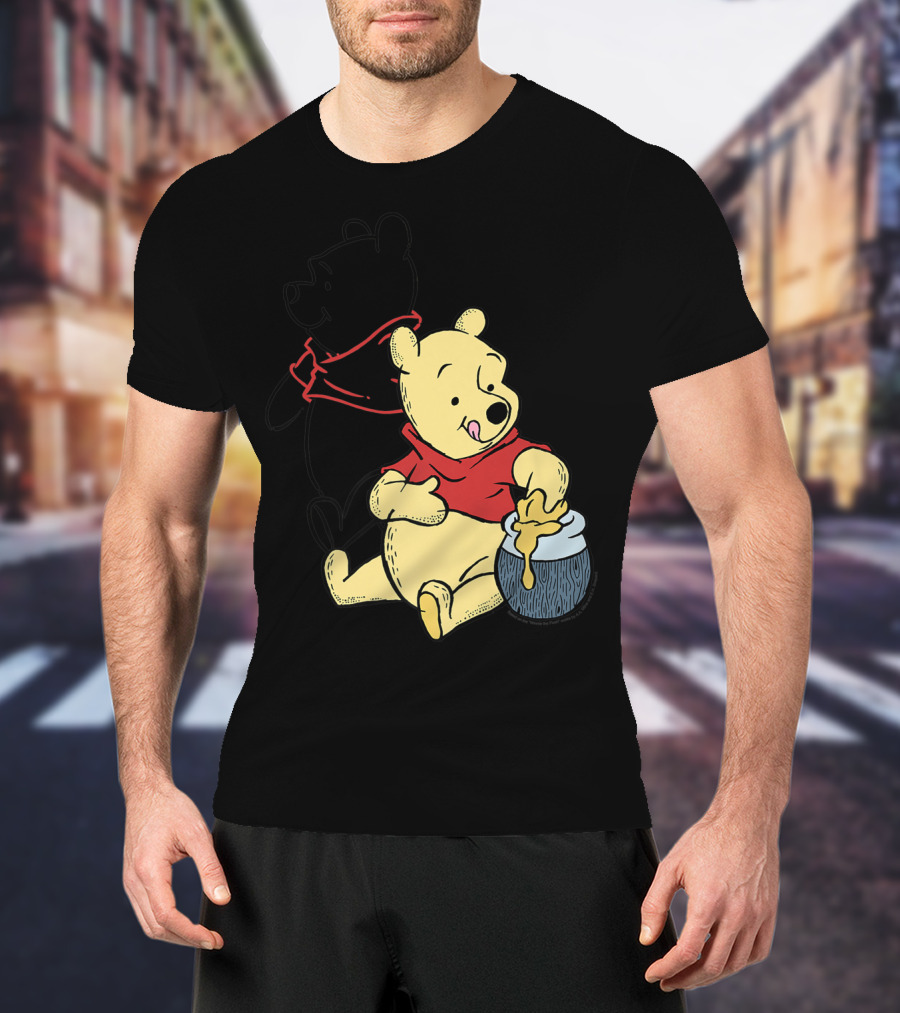Disney Winnie The Pooh Outline And Colored Character Sitting With Honey Jar T-Shirt