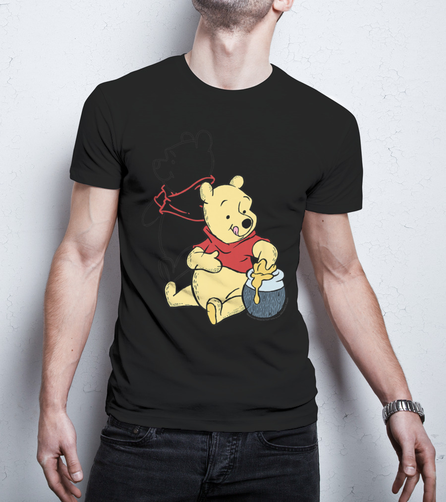 Disney Winnie The Pooh Outline And Colored Character Sitting With Honey Jar T-Shirt