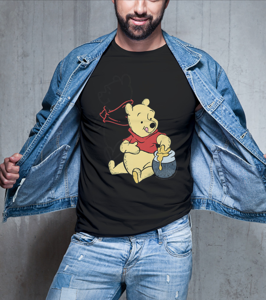 Disney Winnie The Pooh Outline And Colored Character Sitting With Honey Jar T-Shirt