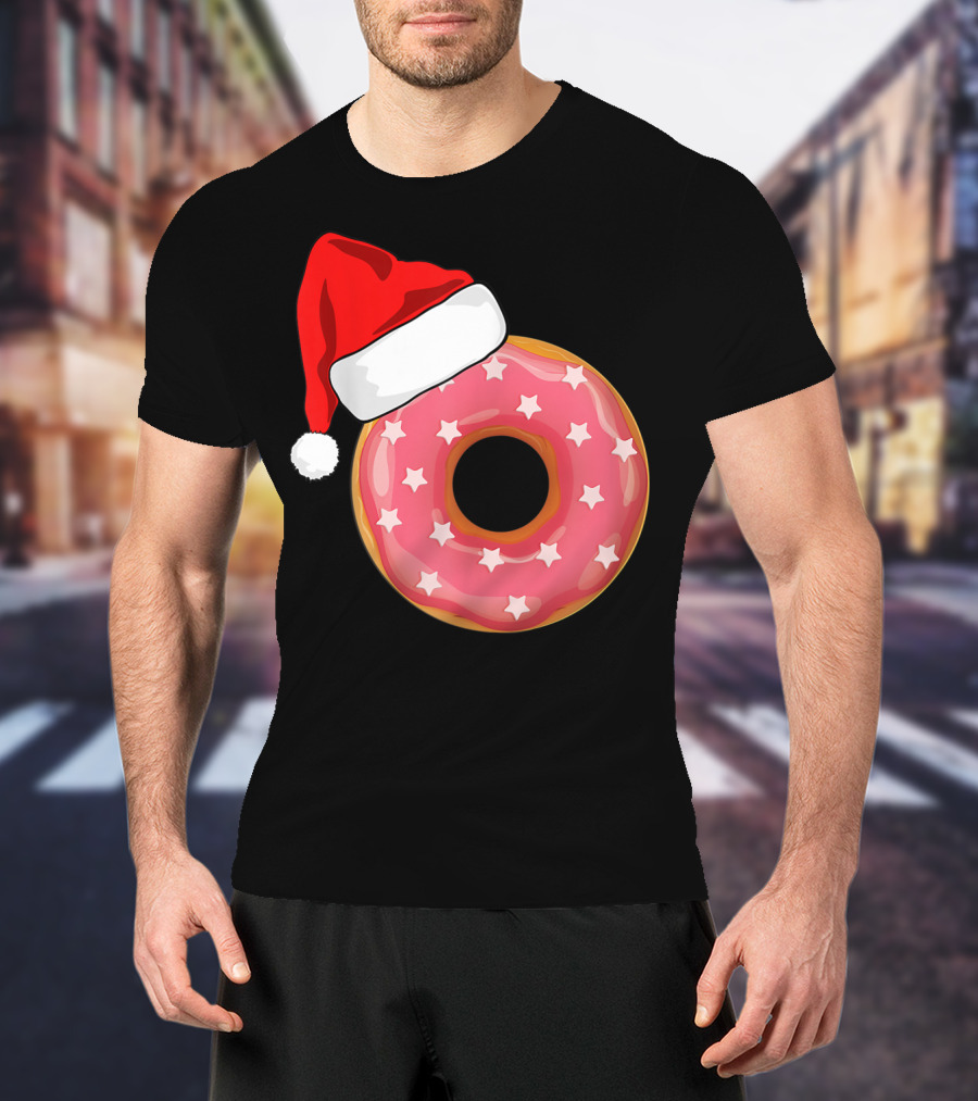 Santa Hat On Pink Strawberry Donut With Stars T-Shirt